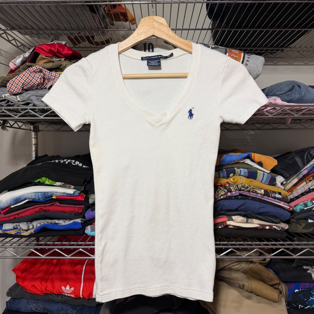 Ralph Lauren Sport T-Shirt Womens XS White V-Neck Short Sleeve Ribbed Cotton Tee